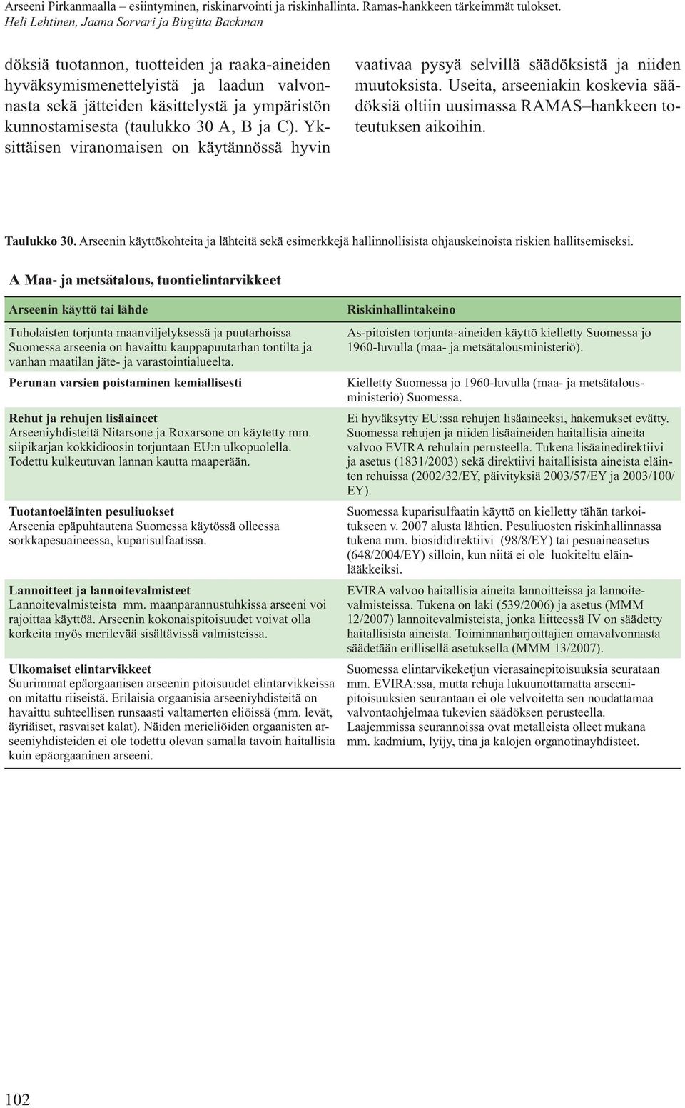 Useita, arseeniakin koskevia säädöksiä oltiin uusimassa RAMAS hankkeen toteutuksen aikoihin. Taulukko 30.