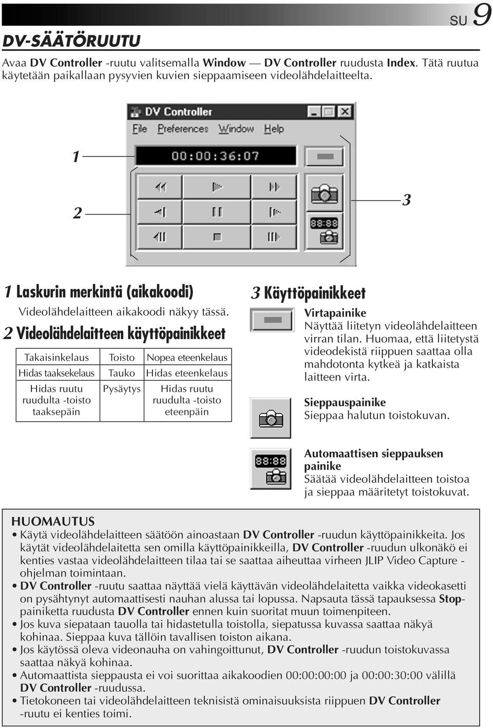 Videolähdelaitteen käyttöpainikkeet Takaisinkelaus Toisto Nopea eteenkelaus Hidas taaksekelaus Tauko Hidas eteenkelaus Hidas ruutu Pysäytys Hidas ruutu ruudulta -toisto ruudulta -toisto taaksepäin