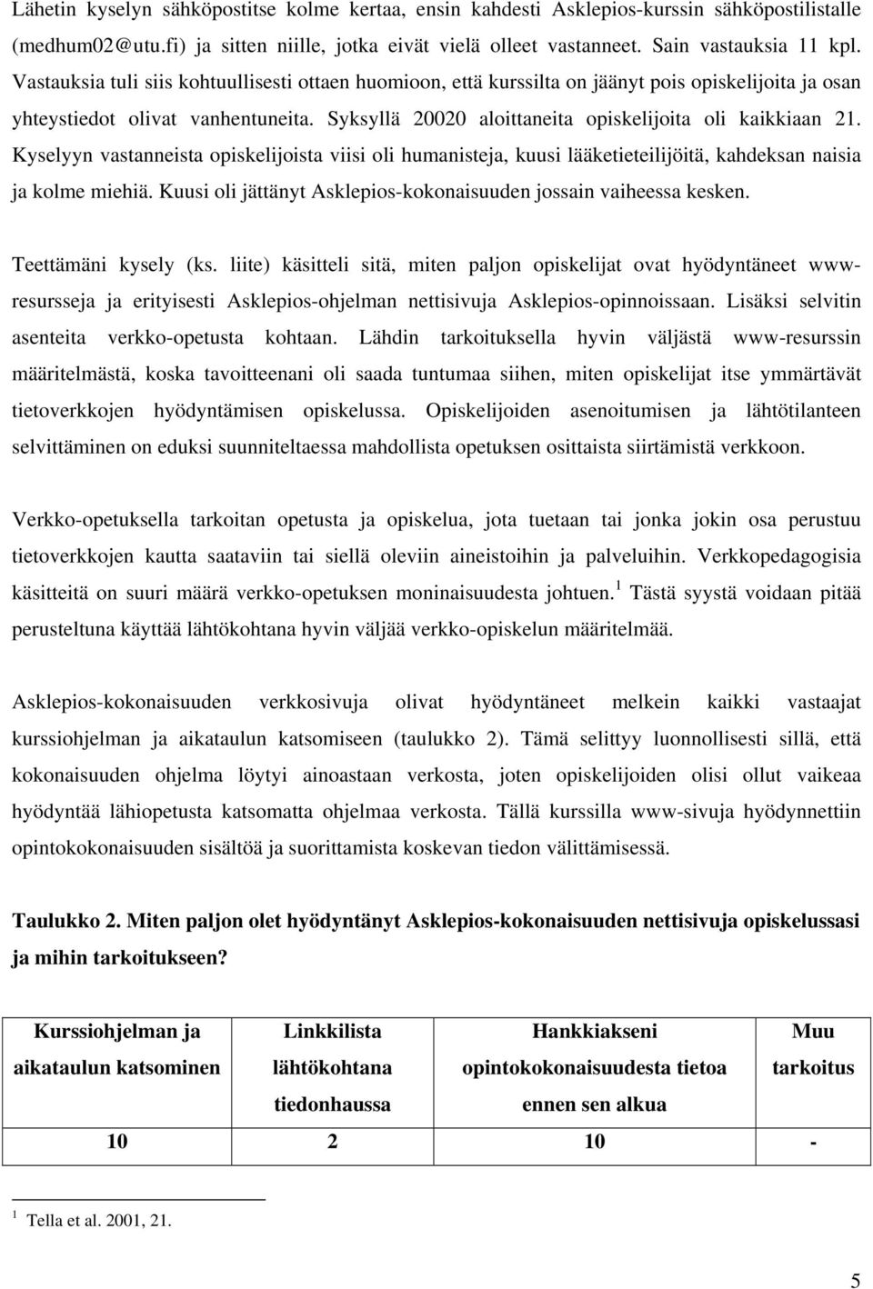 Kyselyyn vastanneista opiskelijoista viisi oli humanisteja, kuusi lääketieteilijöitä, kahdeksan naisia ja kolme miehiä. Kuusi oli jättänyt Asklepios-kokonaisuuden jossain vaiheessa kesken.