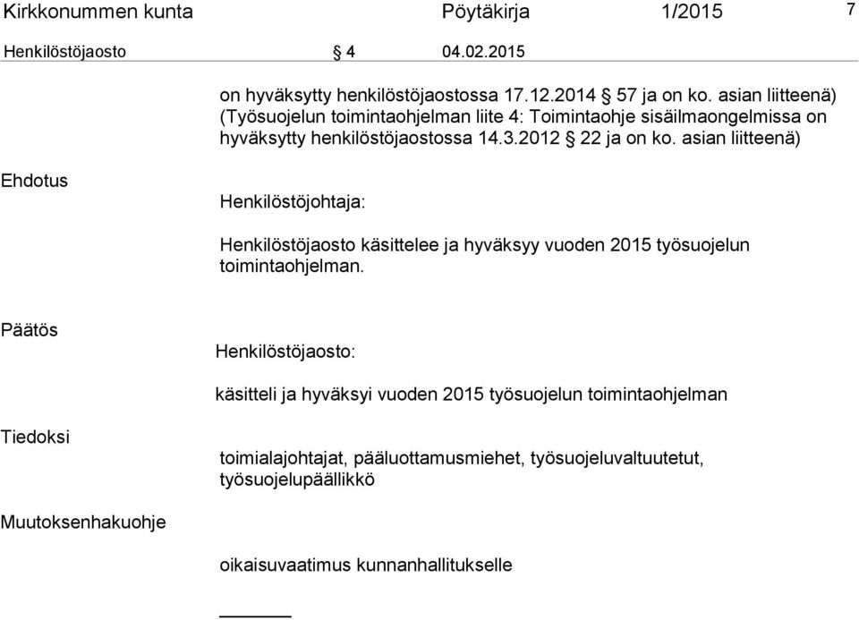 asian liitteenä) Ehdotus Henkilöstöjohtaja: Henkilöstöjaosto käsittelee ja hyväksyy vuoden 2015 työsuojelun toimintaohjelman.