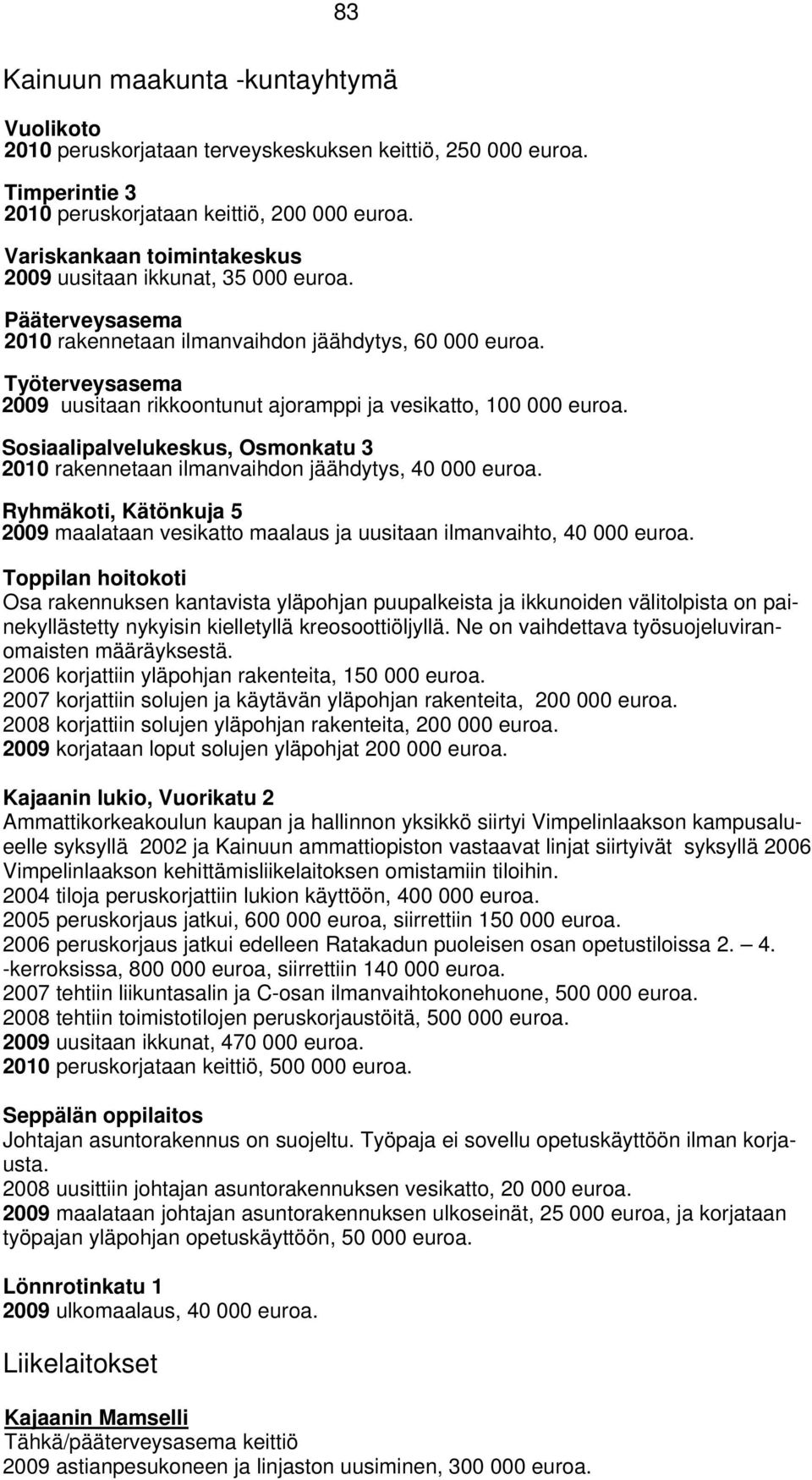 Työterveysasema 2009 uusitaan rikkoontunut ajoramppi ja vesikatto, 100 000 euroa. Sosiaalipalvelukeskus, Osmonkatu 3 2010 rakennetaan ilmanvaihdon jäähdytys, 40 000 euroa.