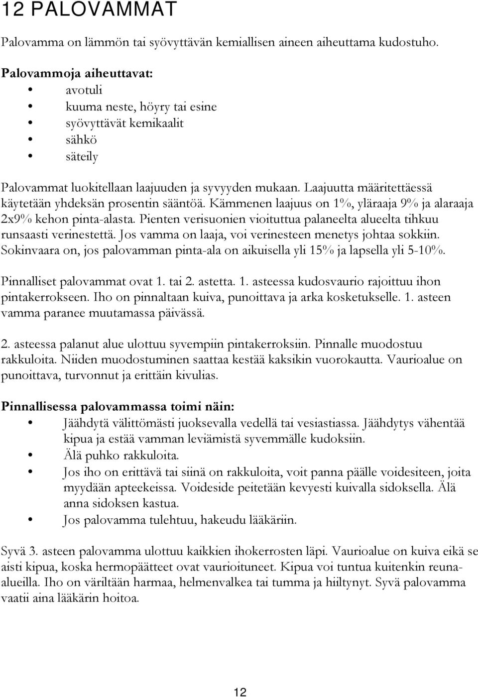 Laajuutta määritettäessä käytetään yhdeksän prosentin sääntöä. Kämmenen laajuus on 1%, yläraaja 9% ja alaraaja 2x9% kehon pinta-alasta.