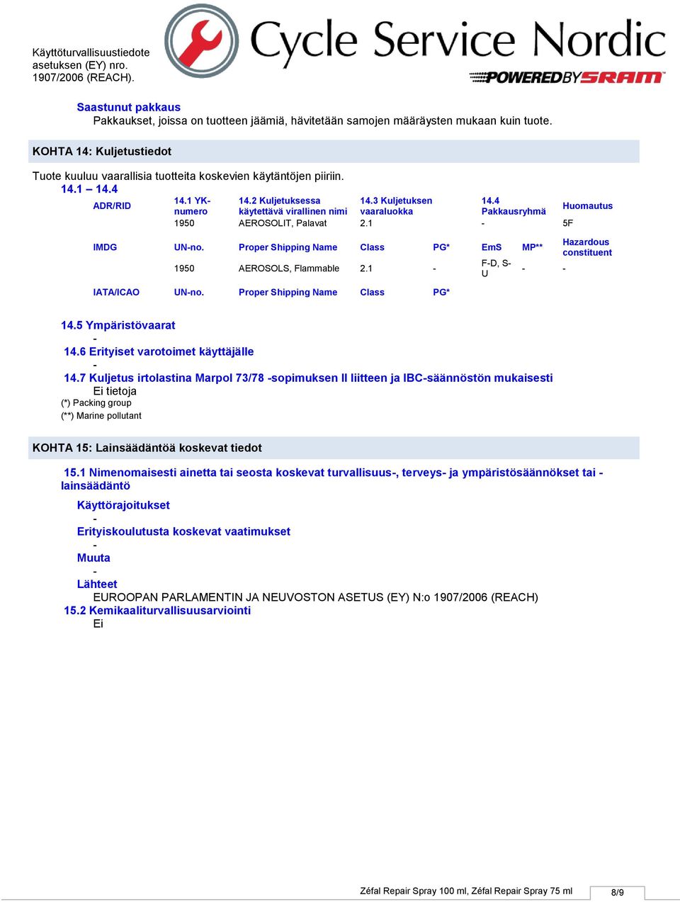 Proper Shipping Name Class PG* EmS MP** 1950 AEROSOLS, Flammable 2.1 IATA/ICAO UNno. Proper Shipping Name Class PG* FD, S U Hazardous constituent 14.5 Ympäristövaarat 14.