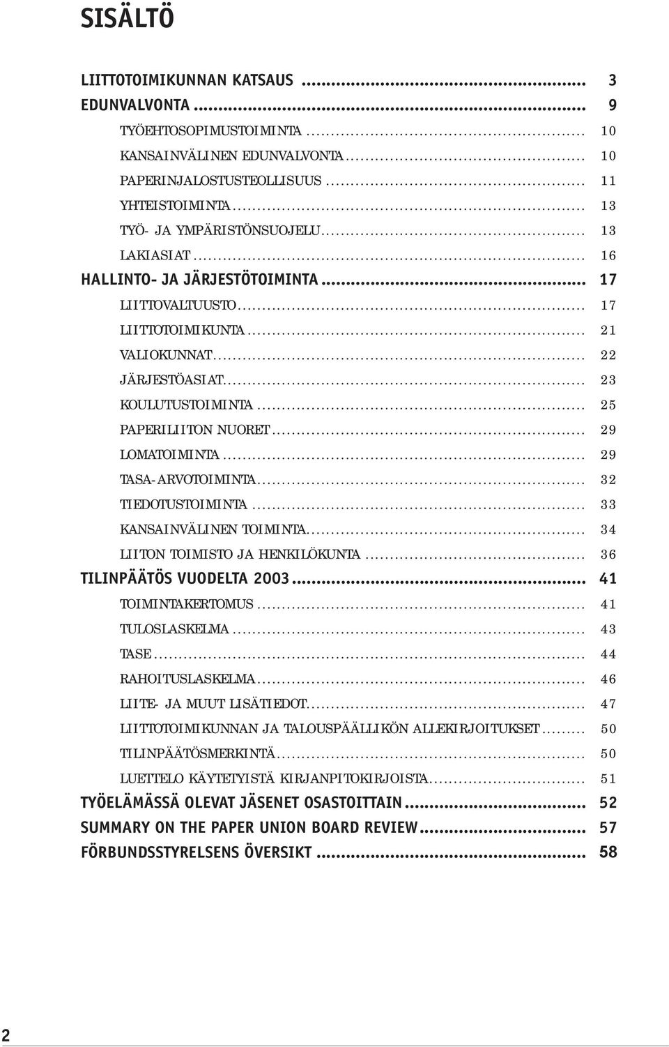 .. 29 LOMATOIMINTA... 29 TASA-ARVOTOIMINTA... 32 TIEDOTUSTOIMINTA... 33 KANSAINVÄLINEN TOIMINTA... 34 LIITON TOIMISTO JA HENKILÖKUNTA... 36 TILINPÄÄTÖS VUODELTA 2003... 41 TOIMINTAKERTOMUS.