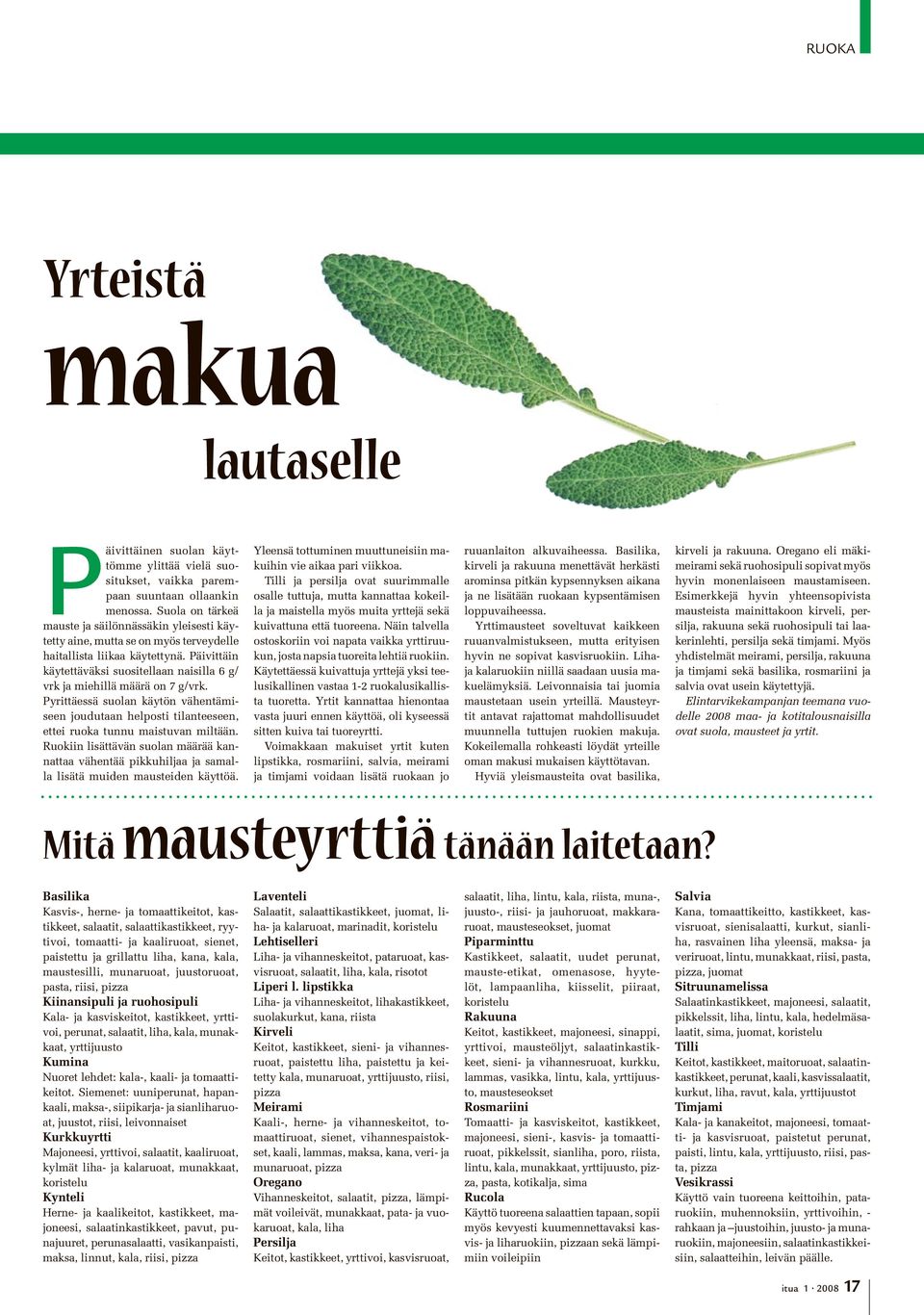 Päivittäin käytettäväksi suositellaan naisilla 6 g/ vrk ja miehillä määrä on 7 g/vrk. Pyrittäessä suolan käytön vähentämiseen joudutaan helposti tilanteeseen, ettei ruoka tunnu maistuvan miltään.