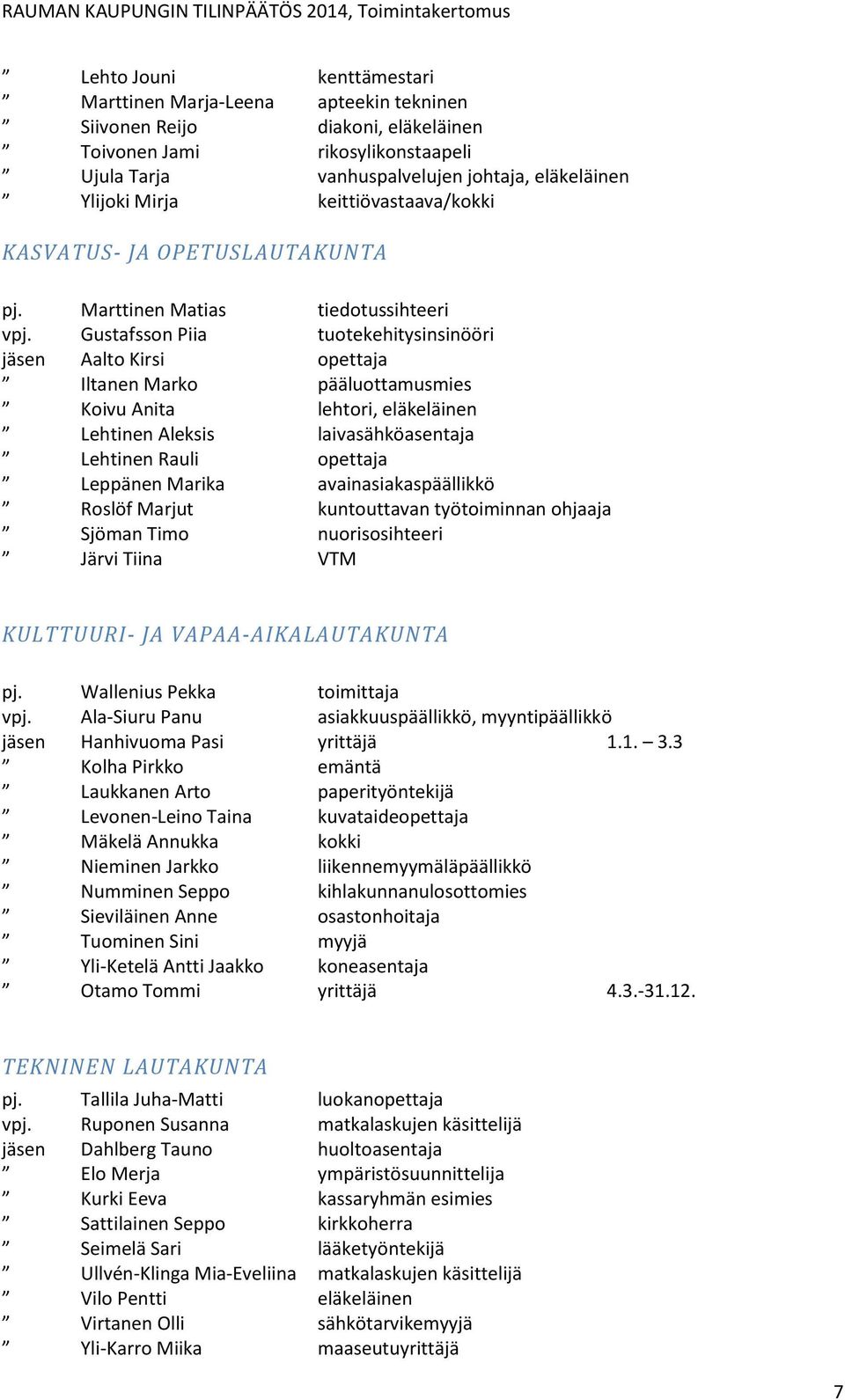 Gustafsson Piia tuotekehitysinsinööri jäsen Aalto Kirsi opettaja Iltanen Marko pääluottamusmies Koivu Anita lehtori, eläkeläinen Lehtinen Aleksis laivasähköasentaja Lehtinen Rauli opettaja Leppänen