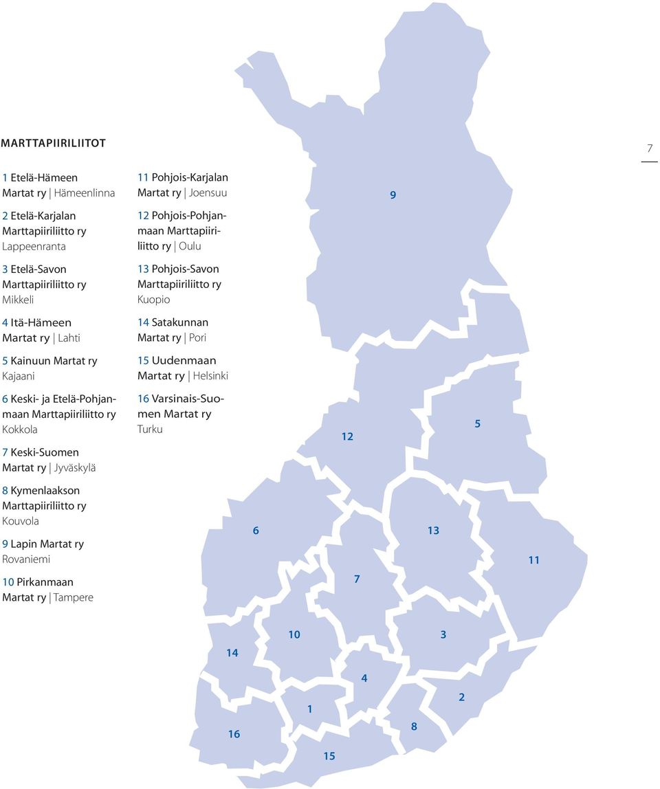 Kuopio 14 Satakunnan Martat ry Pori 15 Uudenmaan Martat ry Helsinki 9 6 Keski- ja Etelä-Pohjanmaan Marttapiiriliitto ry Kokkola 7 Keski-Suomen Martat ry Jyväskylä 16