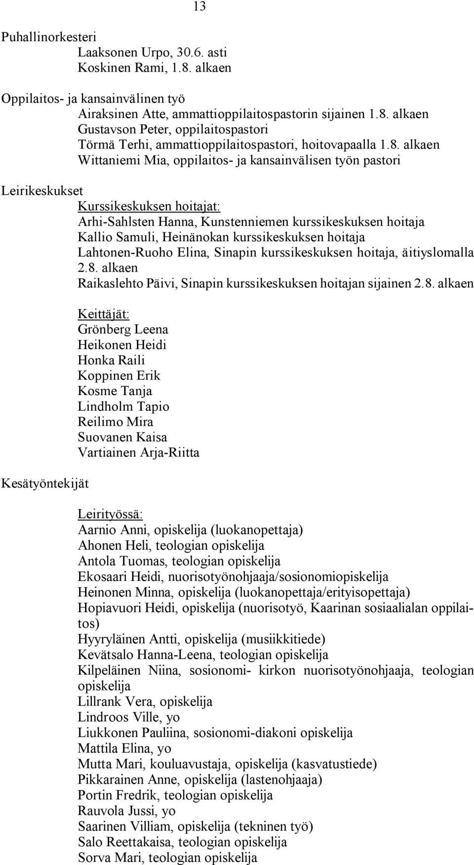 kurssikeskuksen hoitaja Lahtonen Ruoho Elina, Sinapin kurssikeskuksen hoitaja, äitiyslomalla 2.8.