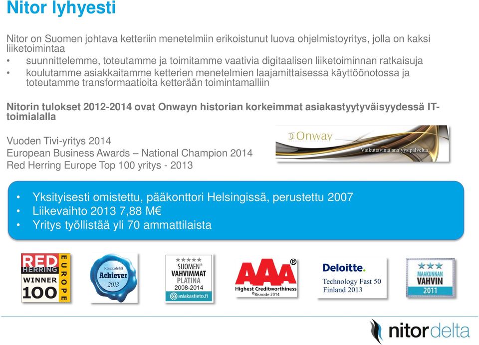 toimintamalliin Nitorin tulokset 2012-2014 ovat Onwayn historian korkeimmat asiakastyytyväisyydessä ITtoimialalla Vuoden Tivi-yritys 2014 European Business Awards National