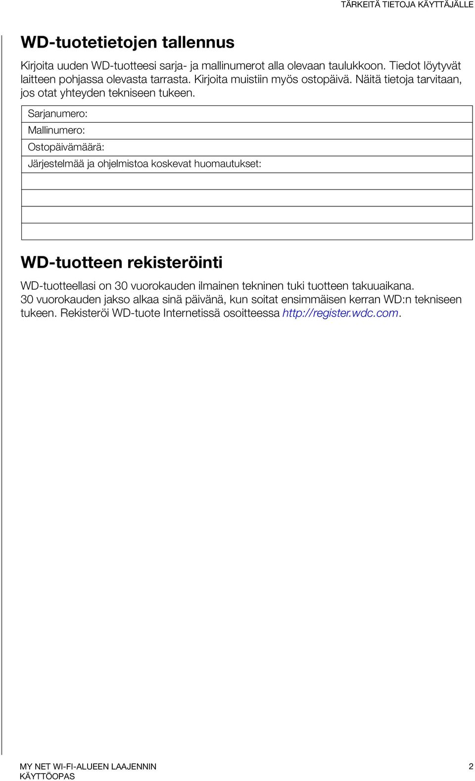 Sarjanumero: Mallinumero: Ostopäivämäärä: Järjestelmää ja ohjelmistoa koskevat huomautukset: WD-tuotteen rekisteröinti WD-tuotteellasi on 30 vuorokauden