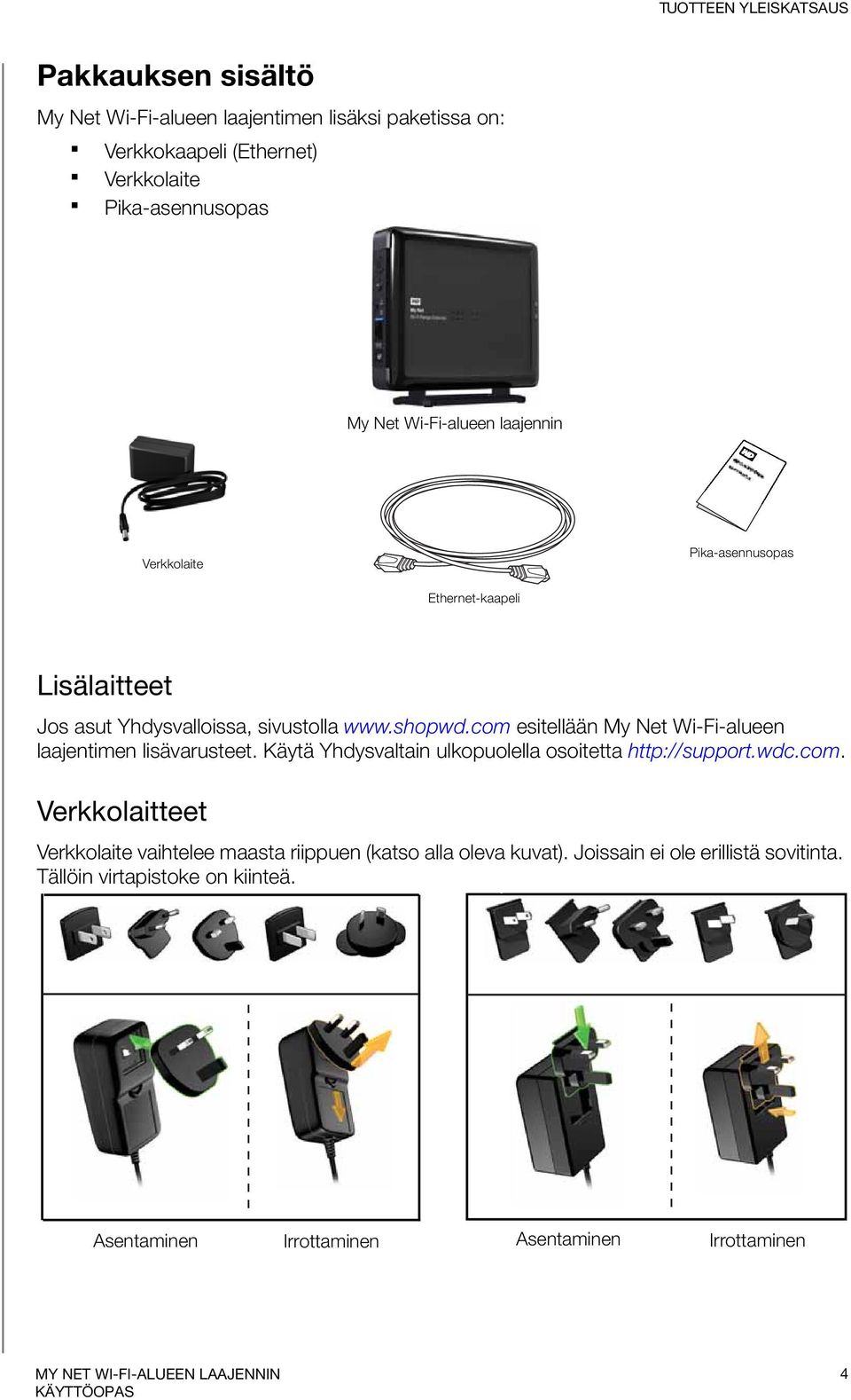 com esitellään My Net Wi-Fi-alueen laajentimen lisävarusteet. Käytä Yhdysvaltain ulkopuolella osoitetta http://support.wdc.com. Verkkolaitteet Verkkolaite vaihtelee maasta riippuen (katso alla oleva kuvat).