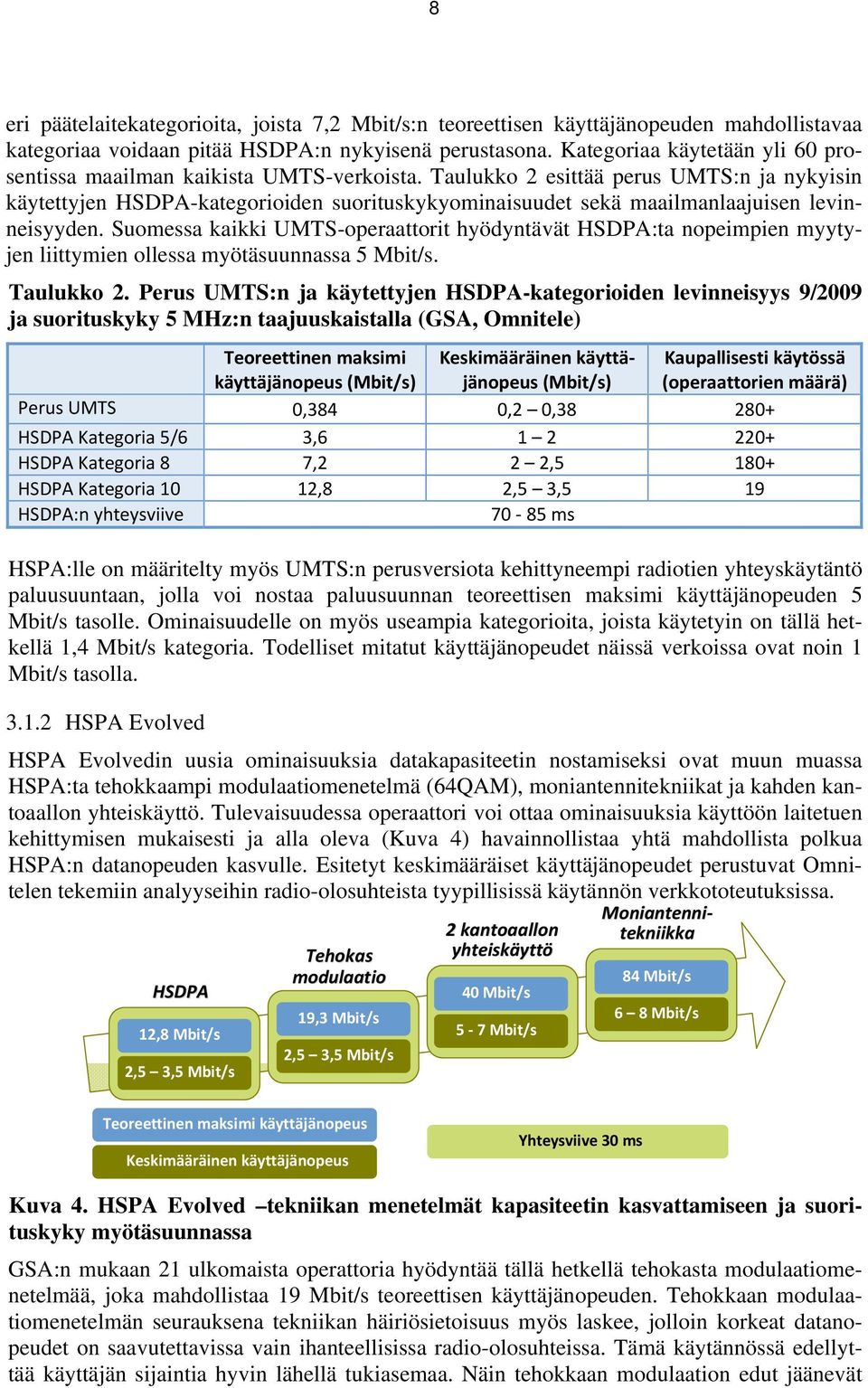 Taulukko 2 esittää perus UMTS:n ja nykyisin käytettyjen HSDPA-kategorioiden suorituskykyominaisuudet sekä maailmanlaajuisen levinneisyyden.