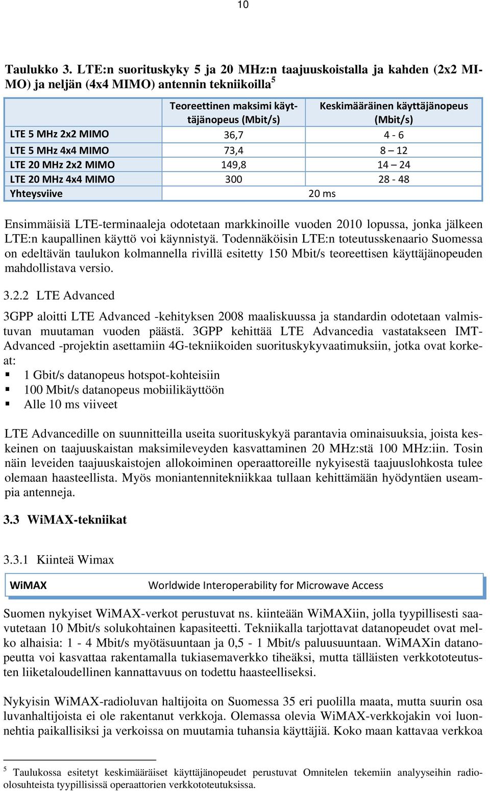 (Mbit/s) LTE 5 MHz 2x2 MIMO 36,7 4 6 LTE 5 MHz 4x4 MIMO 73,4 8 12 LTE 20 MHz 2x2 MIMO 149,8 14 24 LTE 20 MHz 4x4 MIMO 300 28 48 Yhteysviive 20 ms Ensimmäisiä LTE-terminaaleja odotetaan markkinoille