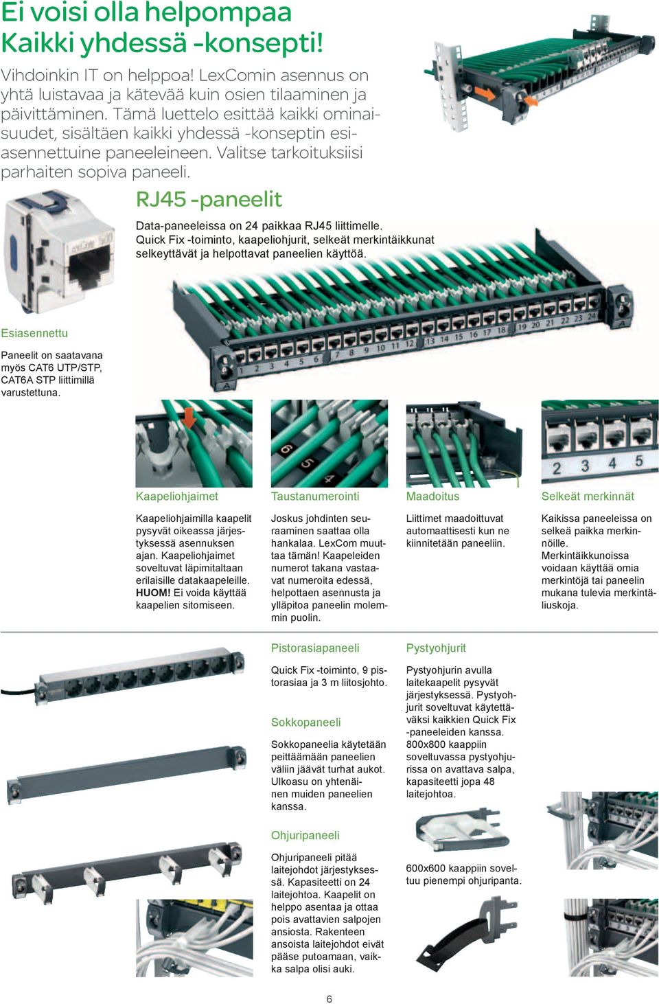 RJ45 -paneelit Data-paneeleissa on 24 paikkaa RJ45 liittimelle. Quick Fix -toiminto, kaapeliohjurit, selkeät merkintäikkunat selkeyttävät ja helpottavat paneelien käyttöä.