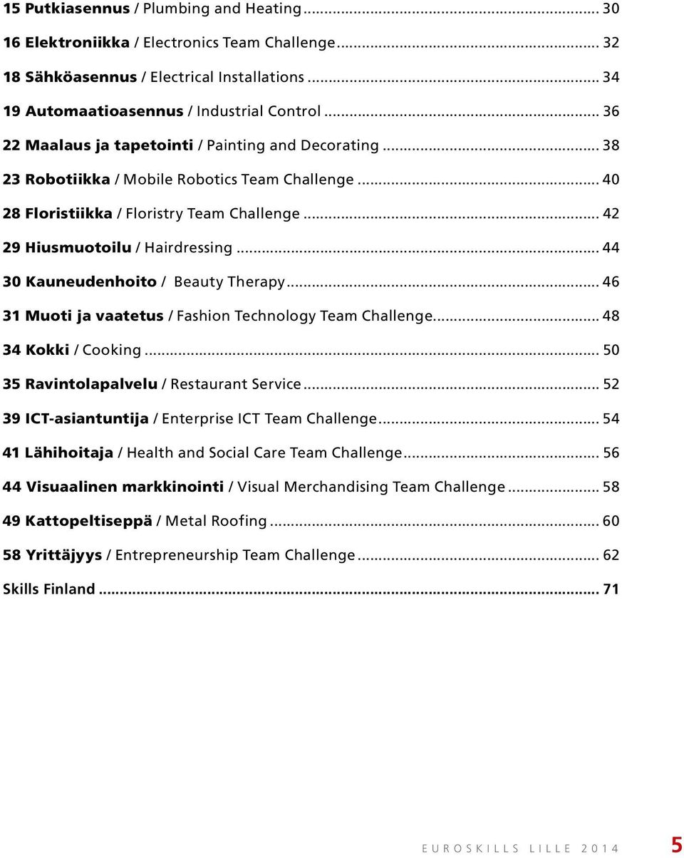 .. 44 30 Kauneudenhoito / Beauty Therapy... 46 31 Muoti ja vaatetus / Fashion Technology Team Challenge... 48 34 Kokki / Cooking... 50 35 Ravintolapalvelu / Restaurant Service.