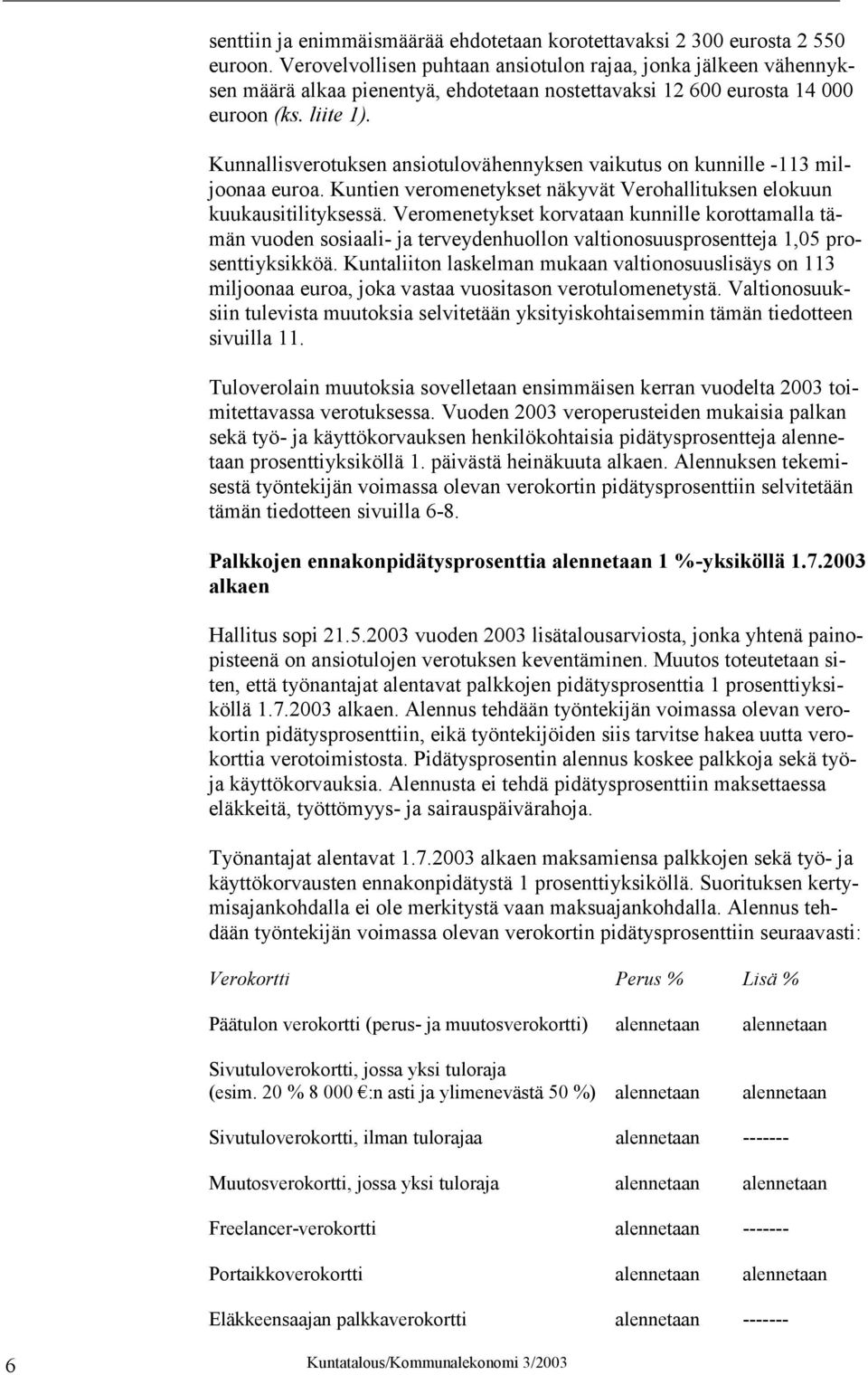 Kunnallisverotuksen ansiotulovähennyksen vaikutus on kunnille -113 miljoonaa euroa. Kuntien veromenetykset näkyvät Verohallituksen elokuun kuukausitilityksessä.