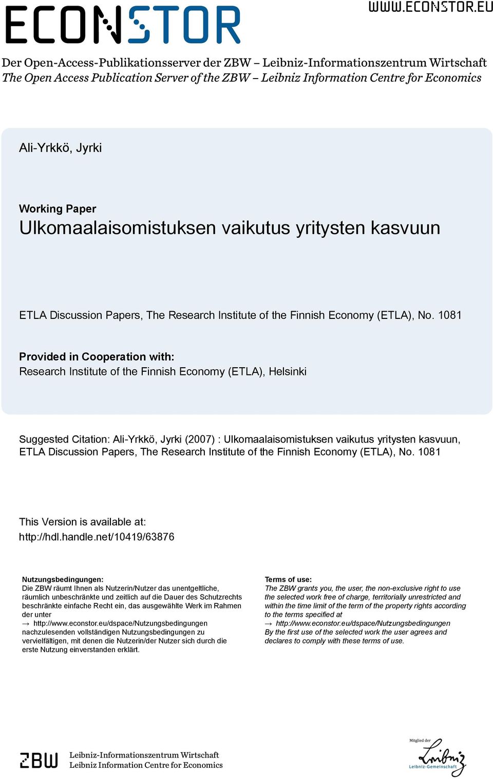 eu Der Open-Access-Publikationsserver der ZBW Leibniz-Informationszentrum Wirtschaft The Open Access Publication Server of the ZBW Leibniz Information Centre for Economics Ali-Yrkkö, Jyrki Working