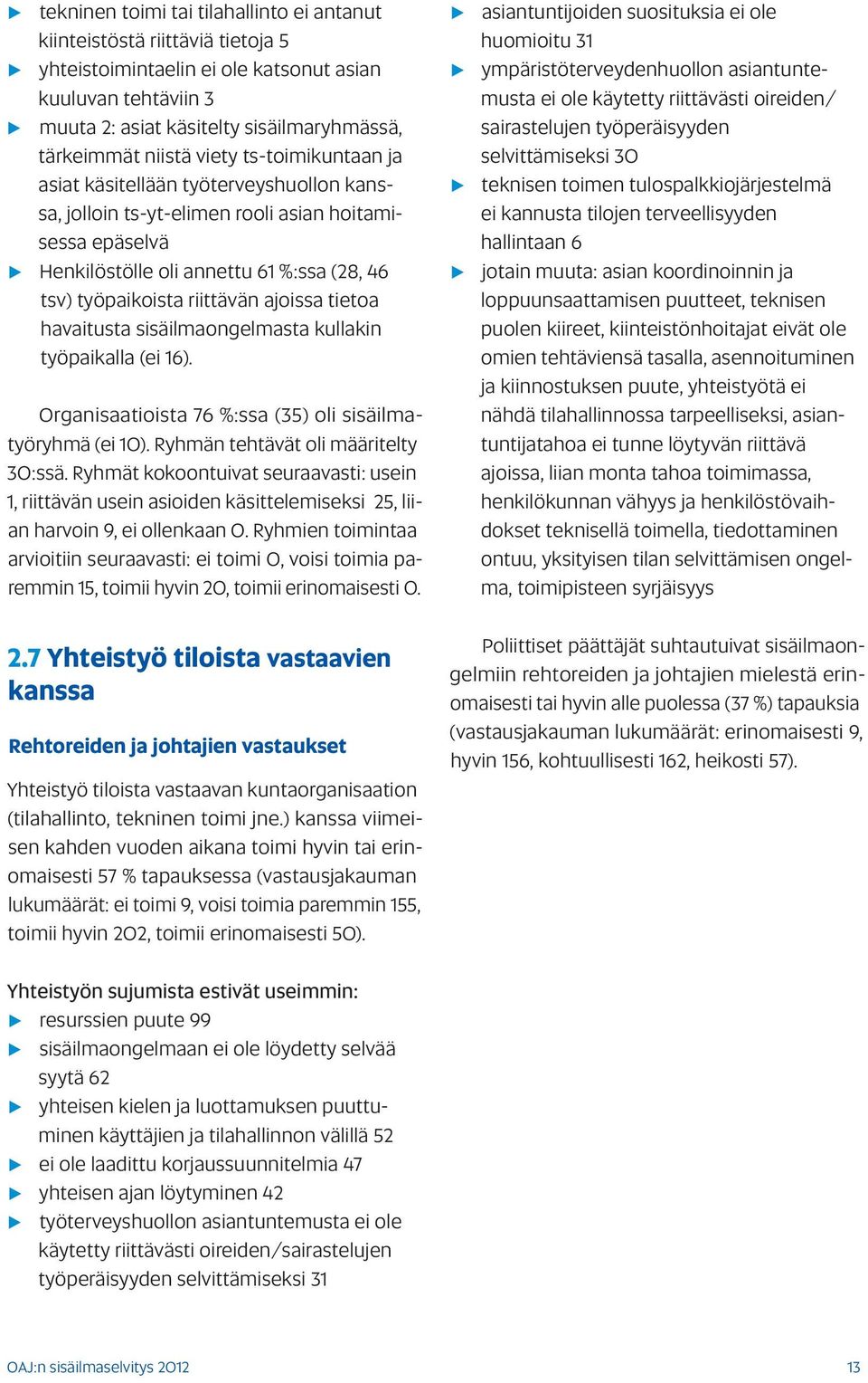 ajoissa tietoa havaitusta sisäilmaongelmasta kullakin työpaikalla (ei 16). Organisaatioista 76 %:ssa (35) oli sisäilmatyöryhmä (ei 10). Ryhmän tehtävät oli määritelty 30:ssä.