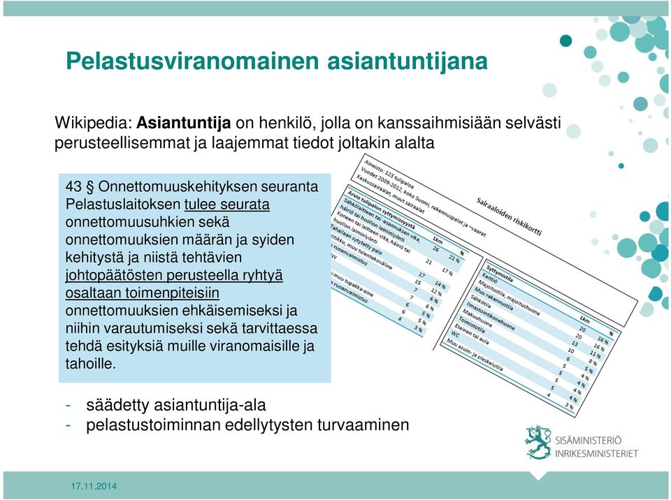 syiden kehitystä ja niistä tehtävien johtopäätösten perusteella ryhtyä osaltaan toimenpiteisiin onnettomuuksien ehkäisemiseksi ja niihin