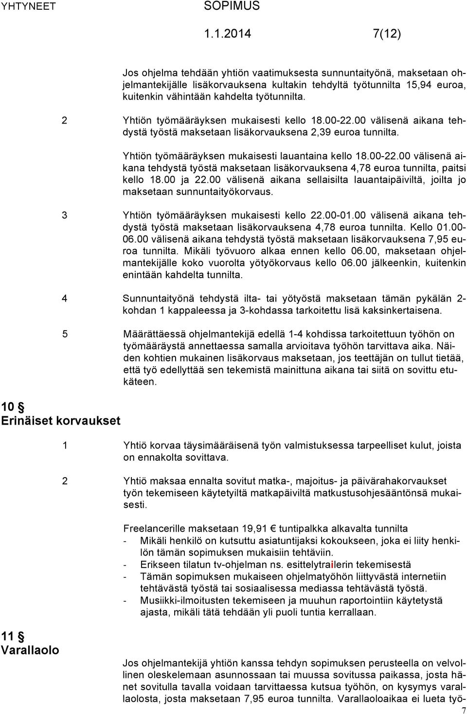 Yhtiön työmääräyksen mukaisesti lauantaina kello 18.00-22.00 välisenä aikana tehdystä työstä maksetaan lisäkorvauksena 4,78 euroa tunnilta, paitsi kello 18.00 ja 22.