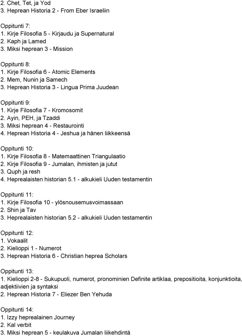 Miksi heprean 4 - Restaurointi 4. Heprean Historia 4 - Jeshua ja hänen liikkeensä Oppitunti 10: 1. Kirje Filosofia 8 - Matemaattinen Triangulaatio 2. Kirje Filosofia 9 - Jumalan, ihmisten ja jutut 3.