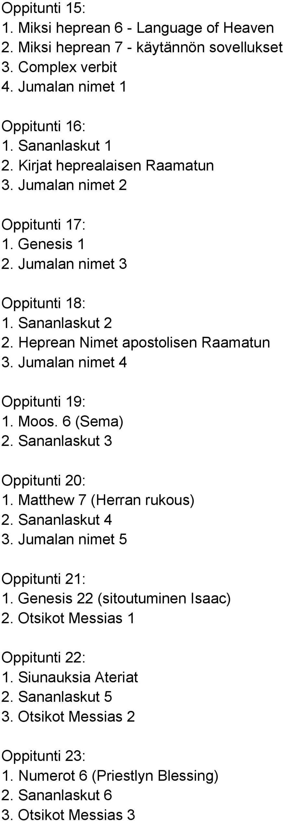 Jumalan nimet 4 Oppitunti 19: 1. Moos. 6 (Sema) 2. Sananlaskut 3 Oppitunti 20: 1. Matthew 7 (Herran rukous) 2. Sananlaskut 4 3. Jumalan nimet 5 Oppitunti 21: 1.