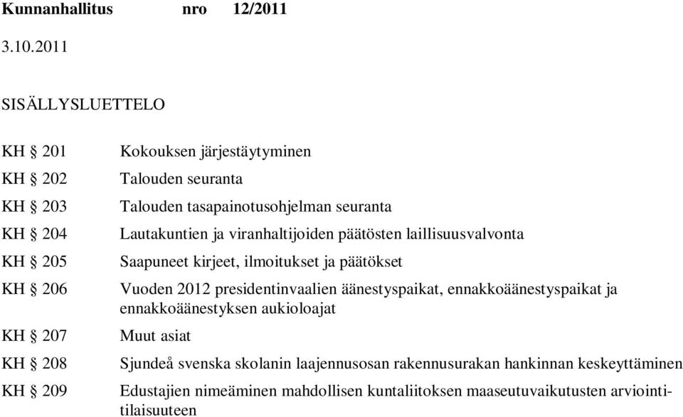 päätökset Vuoden 2012 presidentinvaalien äänestyspaikat, ennakkoäänestyspaikat ja ennakkoäänestyksen aukioloajat Muut asiat Sjundeå svenska