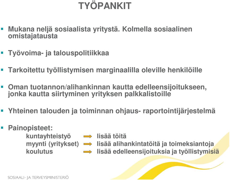 henkilöille Oman tuotannon/alihankinnan kautta edelleensijoitukseen, jonka kautta siirtyminen yrityksen palkkalistoille