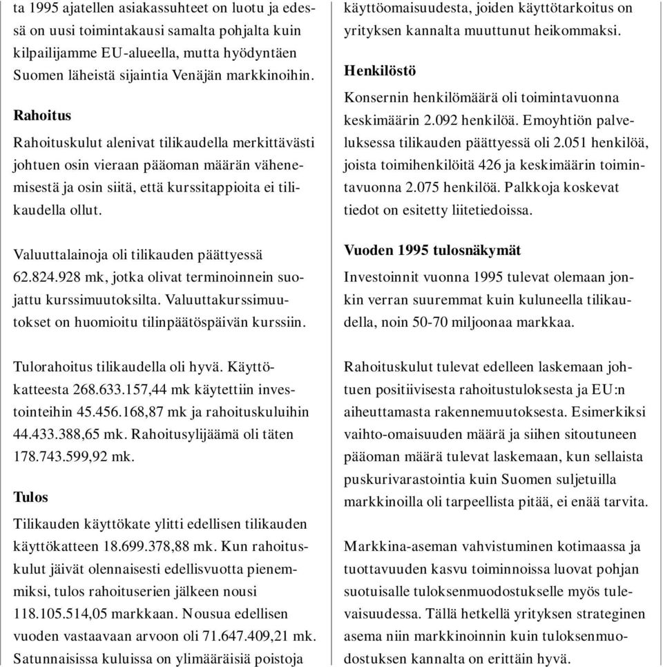 Valuuttalainoja oli tilikauden päättyessä 62.824.928 mk, jotka olivat terminoinnein suojattu kurssimuutoksilta. Valuuttakurssimuutokset on huomioitu tilinpäätöspäivän kurssiin.