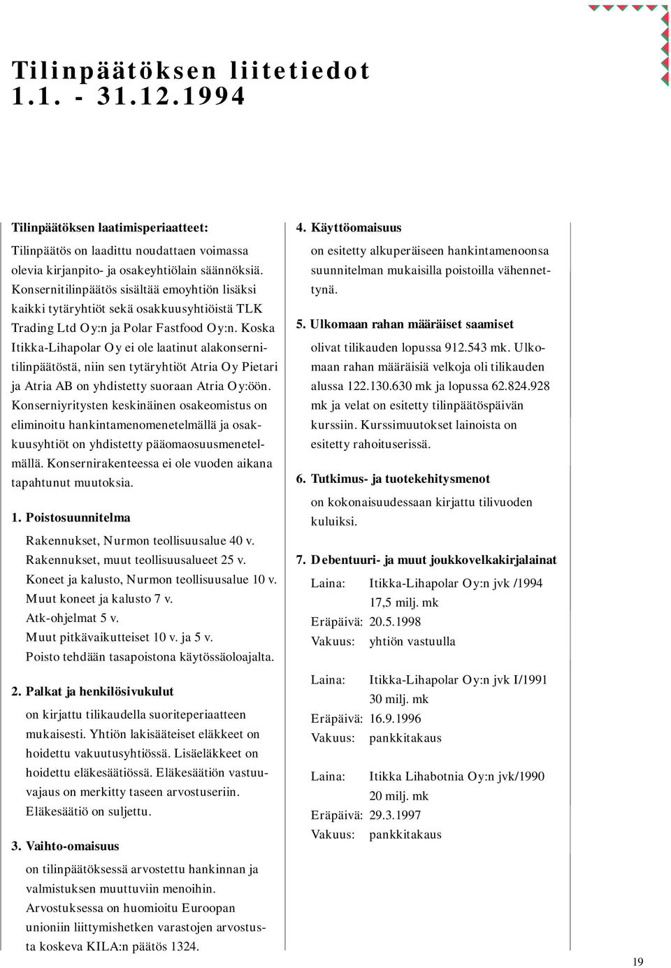 Koska Itikka-Lihapolar Oy ei ole laatinut alakonsernitilinpäätöstä, niin sen tytäryhtiöt Atria Oy Pietari ja Atria AB on yhdistetty suoraan Atria Oy:öön.