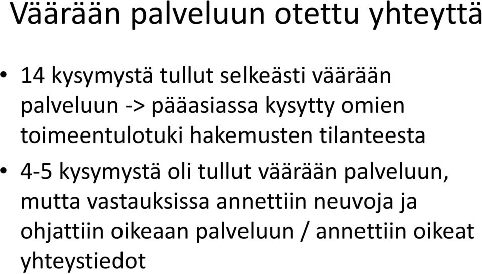 tilanteesta 4 5 kysymystä oli tullut väärään palveluun, mutta vastauksissa