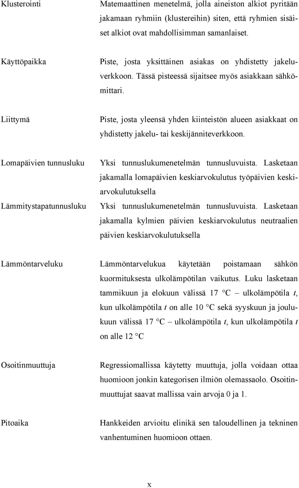 Liittymä Piste, josta yleensä yhden kiinteistön alueen asiakkaat on yhdistetty jakelu- tai keskijänniteverkkoon. Lomapäivien tunnusluku Lämmitystapatunnusluku Yksi tunnuslukumenetelmän tunnusluvuista.