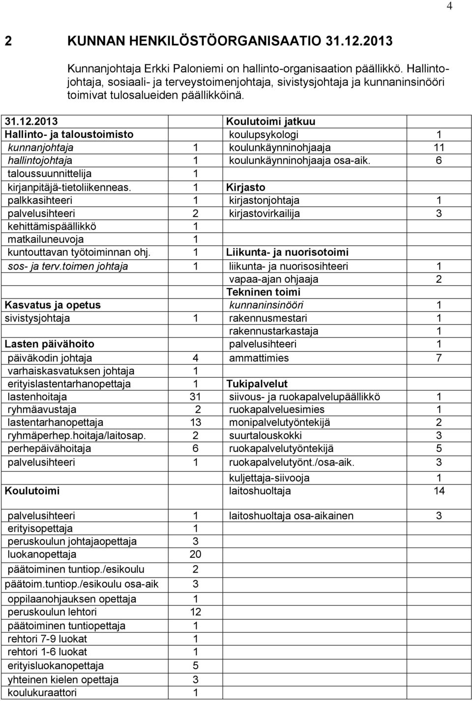 2013 Koulutoimi jatkuu Hallinto- ja taloustoimisto koulupsykologi 1 kunnanjohtaja 1 koulunkäynninohjaaja 11 hallintojohtaja 1 koulunkäynninohjaaja osa-aik.