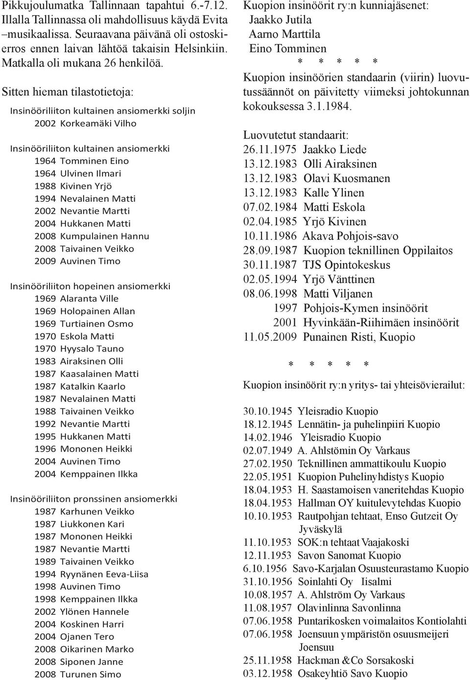 Sitten hieman tilastotietoja: Insinööriliiton kultainen ansiomerkki soljin 2002 Korkeamäki Vilho Insinööriliiton kultainen ansiomerkki 1964 Tomminen Eino 1964 Ulvinen Ilmari 1988 Kivinen Yrjö 1994