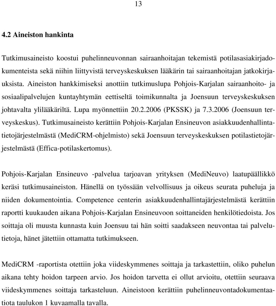 Aineiston hankkimiseksi anottiin tutkimuslupa Pohjois-Karjalan sairaanhoito- ja sosiaalipalvelujen kuntayhtymän eettiseltä toimikunnalta ja Joensuun terveyskeskuksen johtavalta ylilääkäriltä.