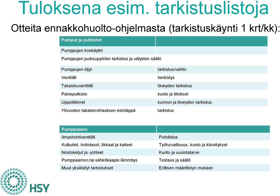 Pumppujen öljyt Venttiilit Takaiskuventtiilit Paineputkisto Uppoliittimet Ylivuodon takaisinvirtauksen estoläppä tarkistus/vaihto herkistys tiiveyden tarkistus kunto ja