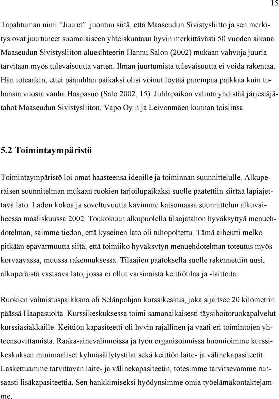 Hän toteaakin, ettei pääjuhlan paikaksi olisi voinut löytää parempaa paikkaa kuin tuhansia vuosia vanha Haapasuo (Salo 2002, 15).