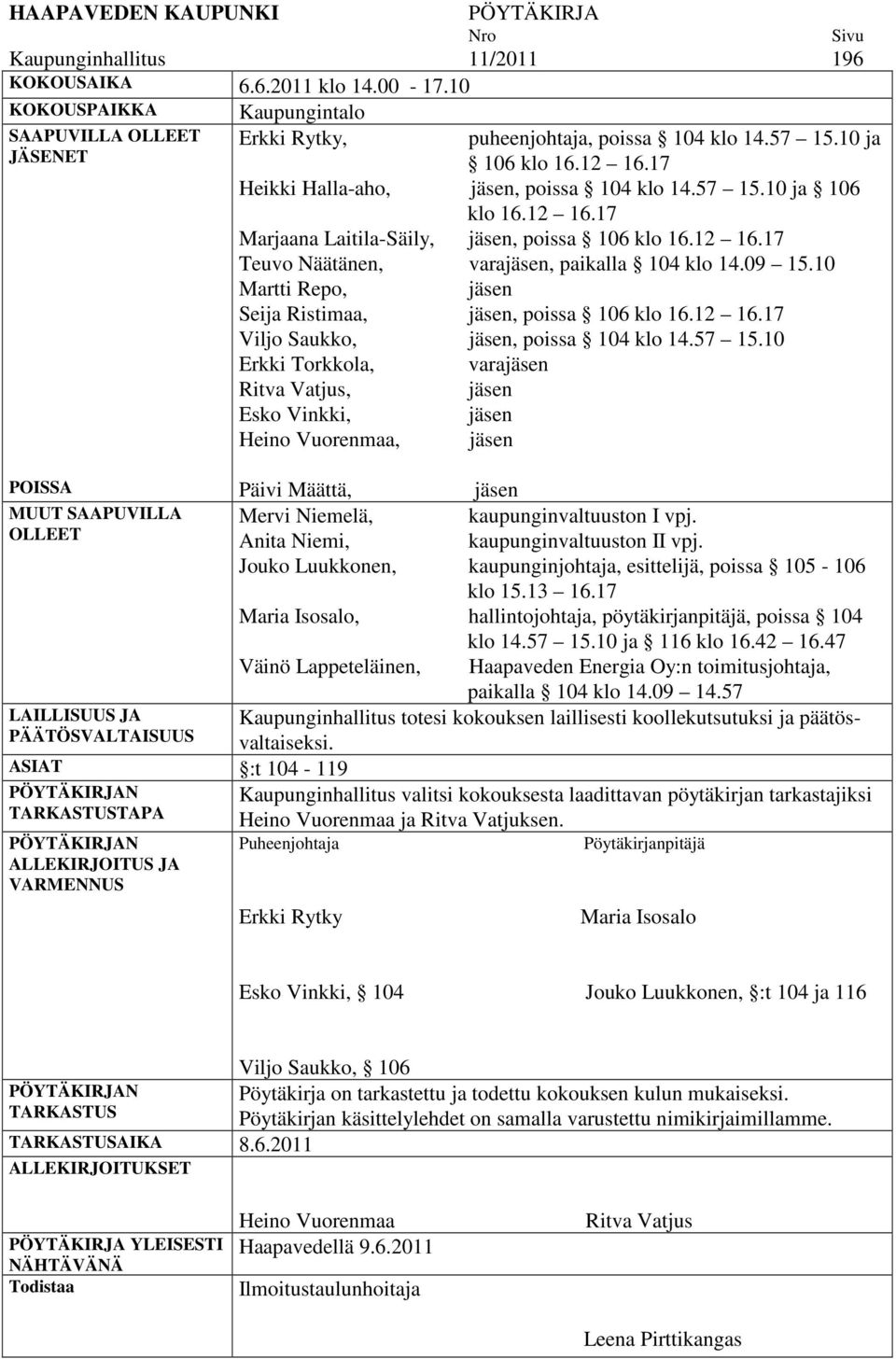 12 16.17 Teuvo Näätänen, varajäsen, paikalla 104 klo 14.09 15.10 Martti Repo, jäsen Seija Ristimaa, jäsen, poissa 106 klo 16.12 16.17 Viljo Saukko, jäsen, poissa 104 klo 14.57 15.