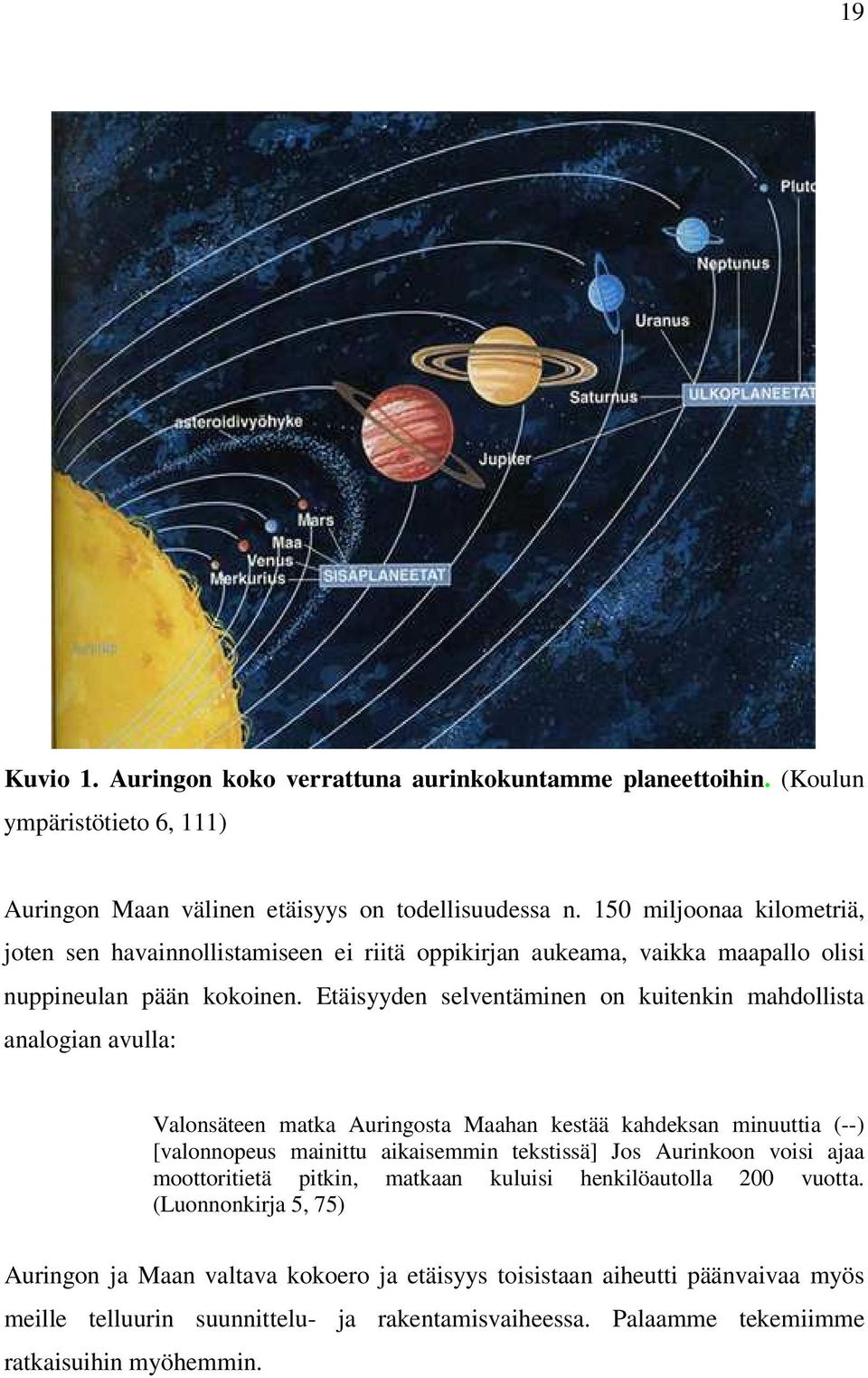 Etäisyyden selventäminen on kuitenkin mahdollista analogian avulla: Valonsäteen matka Auringosta Maahan kestää kahdeksan minuuttia (--) [valonnopeus mainittu aikaisemmin tekstissä] Jos