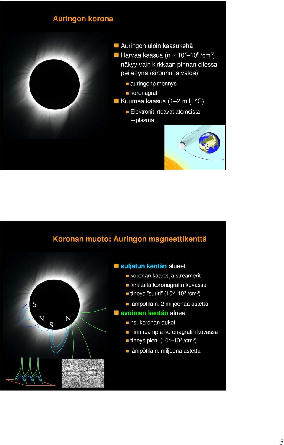 o C) Elektronit irtoavat atomeista plasma Koronan muoto: Auringon magneettikenttä suljetun kentän alueet koronan kaaret ja streamerit