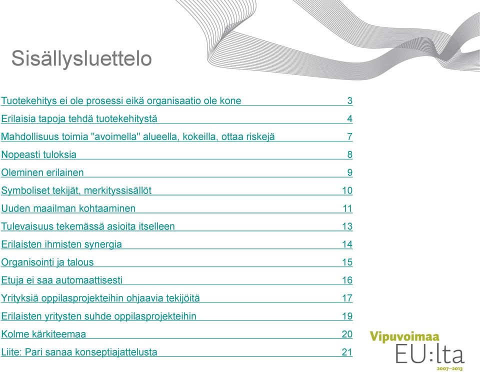 Tulevaisuus tekemässä asioita itselleen 13 Erilaisten ihmisten synergia 14 Organisointi ja talous 15 Etuja ei saa automaattisesti 16 Yrityksiä