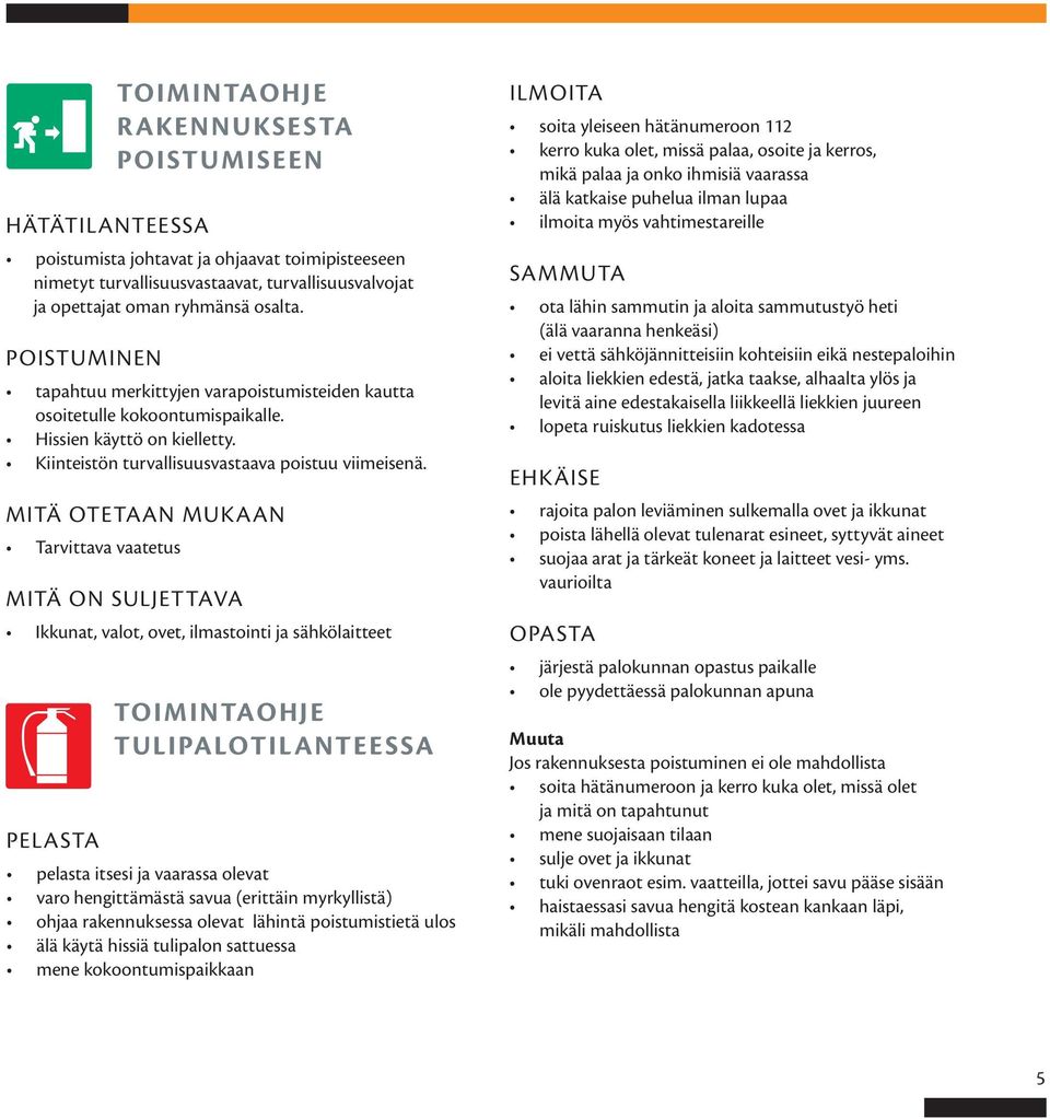 MITÄ OTETAAN MUKAAN Tarvittava vaatetus MITÄ ON SULJETTAVA Ikkunat, valot, ovet, ilmastointi ja sähkölaitteet TOIMINTAOHJE TULIPALOTILANTEESSA PELASTA pelasta itsesi ja vaarassa olevat varo