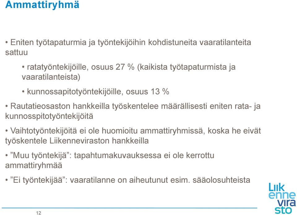 rata- ja kunnosspitotyöntekijöitä Vaihtotyöntekijöitä ei ole huomioitu ammattiryhmissä, koska he eivät työskentele Liikenneviraston