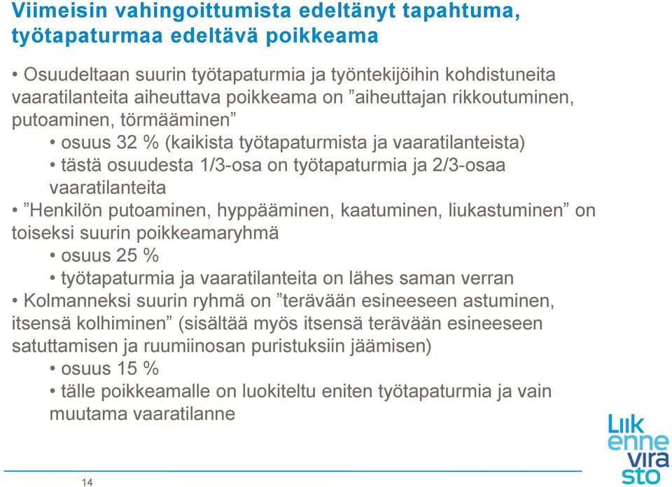 hyppääminen, kaatuminen, liukastuminen on toiseksi suurin poikkeamaryhmä osuus 25 % työtapaturmia ja vaaratilanteita on lähes saman verran Kolmanneksi suurin ryhmä on terävään esineeseen astuminen,