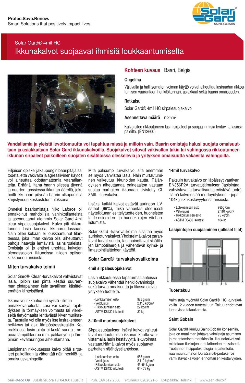 henkilökunnan, asiakkaat sekä baarin omaisuuden. Ratkaisu Solar Gard 4mil HC sirpalesuojakalvo Asennettava määrä n.