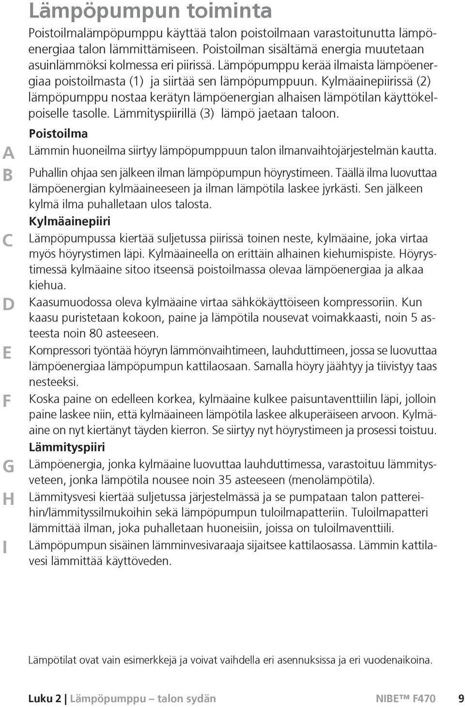 Kylmäainepiirissä (2) lämpöpumppu nostaa kerätyn lämpöenergian alhaisen lämpötilan käyttökelpoiselle tasolle. Lämmityspiirillä (3) lämpö jaetaan taloon.