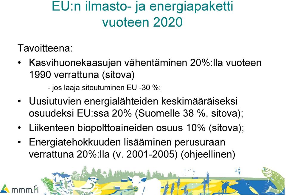 keskimääräiseksi osuudeksi EU:ssa 20% (Suomelle 38 %, sitova); Liikenteen biopolttoaineiden osuus