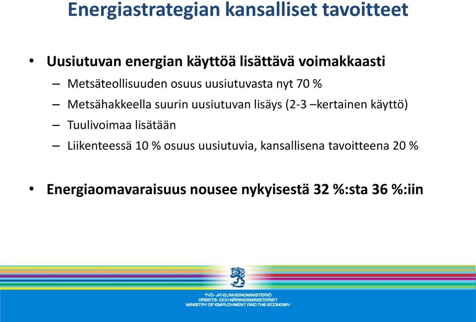 uusiutuvan lisäys (2-3 kertainen käyttö) Tuulivoimaa lisätään Liikenteessä 10 % osuus