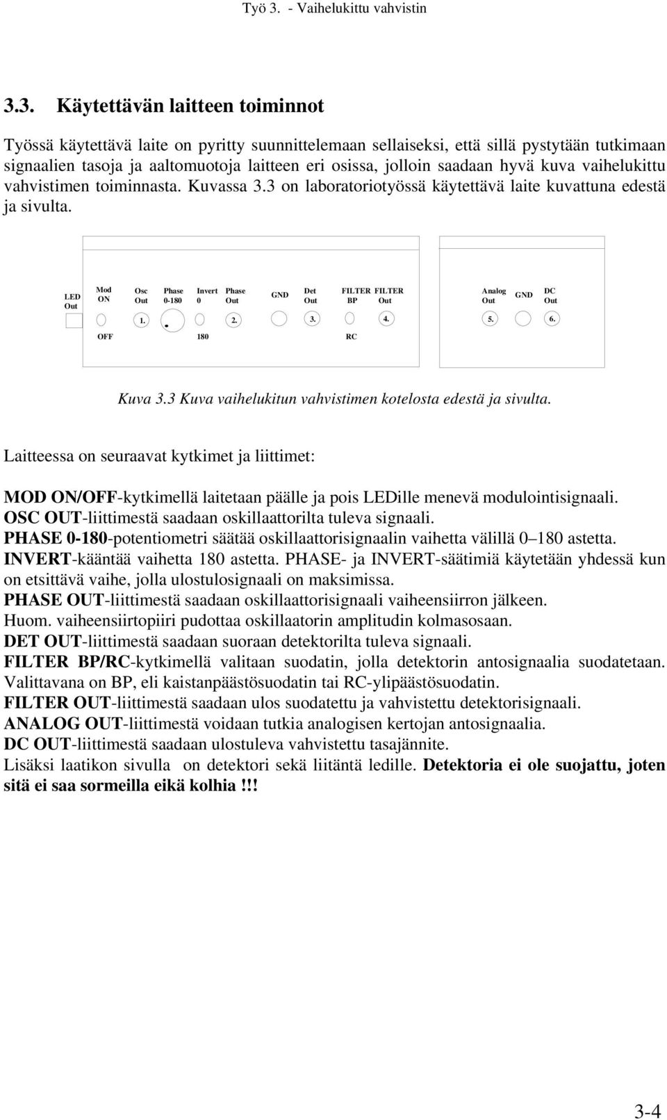 LED Mod ON OFF Osc Phase 0-180 Invert 0 Phase GND Det FILTER BP 180 RC FILTER Analog 1. 2. 3. 4. 5. 6. GND DC Kuva 3.3 Kuva vaihelukitun vahvistimen kotelosta edestä ja sivulta.