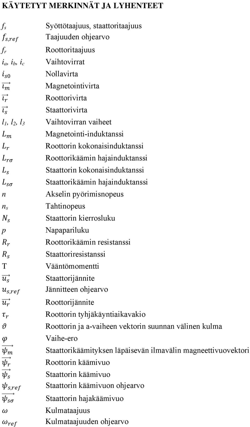 pyörimisnopeus n s Tahtinopeus Staattorin kierrosluku p Napapariluku Roottorikäämin resistanssi Staattoriresistanssi T Vääntömomentti Staattorijännite Jännitteen ohjearvo, Roottorijännite Roottorin